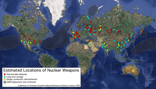 Bản đồ phân bố nghiên cứu, sản xuất, dự trữ vũ khí hạt nhân chính trên thế giới.